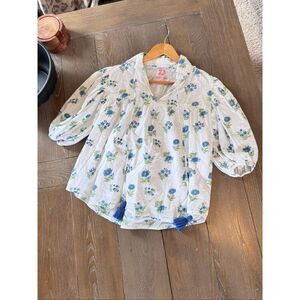 Victoria Dunn Juniper Print White Top with Blue Flowers Size XS